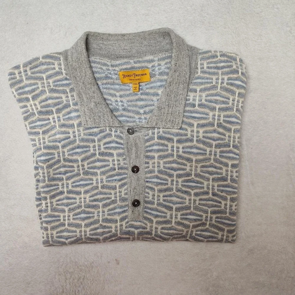 Hickey Freeman Sweater Mens 2XL Gray Collared Polo Linen Silk Pullover Work Knit - Picture 1 of 10